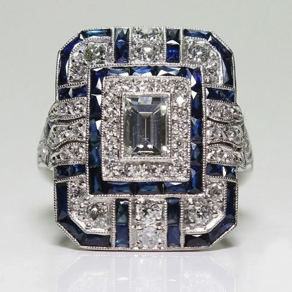 🔥 925 Silver Plated Rectangle Royal Blue White Gems Ring for Women, VIP092